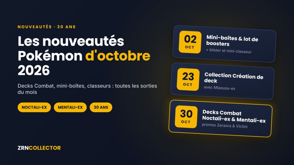 Nouveautés Pokémon octobre 2026 : Decks Combat Noctali-ex et Mentali-ex, mini-boîtes 30e Anniversaire et classeurs